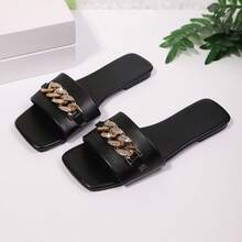 Women's Casual Slip-On Square Toe Chain Buckle Rhinestone Slip-On Sandals, Shiny Holiday Slides - Black - View 4