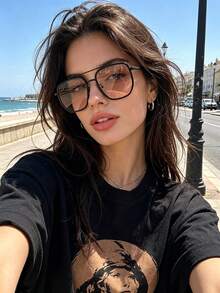 1件新款復古方框雙橋女款眼鏡，歐美高端街頭風時尚眼鏡 - 黑框茶片 - 查看 2