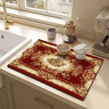 1pc Dish Drying Mat, Coffee Machine Mat, Burgundy European Classical Floral Peony Pattern With Luxury Scroll Border, Multi-Purpose Drainage Mat, Home Gift, Tabletop Decor - XYLSD-649 - View 3