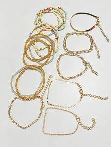 17PCS INS Style Macaron Beaded Elastic Bracelet Metal Paperclip Chain Mixed Multi-Layer Versatile Commute Stackable Bracelet Set For Women - Gold - View 5