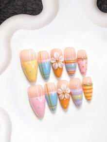 10件/組夏季馬卡龍風手工穿戴甲，Polygel美甲套組，花瓣與波點設計，橘黃色指甲油，糖果色調，含美甲工具，3種尺寸可選，杏仁、鴨嘴、棺材形，適合派對、跳舞、日常穿戴 - 彩色 - 查看 14