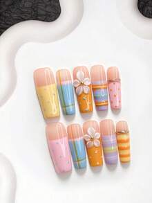 10件/組夏季馬卡龍風手工穿戴甲，Polygel美甲套組，花瓣與波點設計，橘黃色指甲油，糖果色調，含美甲工具，3種尺寸可選，杏仁、鴨嘴、棺材形，適合派對、跳舞、日常穿戴 - 彩色 - 查看 16