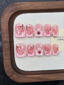 10 piezas de puntas de uñas Y2K tubulares para usar, uñas hechas a mano en rosa y rojo, diseño 3D de flores y mariquitas 3D, camelia roja pintada a mano, diseño de flor de ciruelo y lunares blancos, decoración de flores rosas, uñas postizas hechas a mano exquisitas y elegantes - Multicolor - Ver 1