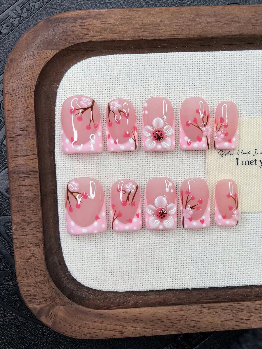 10 piezas de puntas de uñas Y2K tubulares para usar, uñas hechas a mano en rosa y rojo, diseño 3D de flores y mariquitas 3D, camelia roja pintada a mano, diseño de flor de ciruelo y lunares blancos, decoración de flores rosas, uñas postizas hechas a mano exquisitas y elegantes - Multicolor - Ver 1