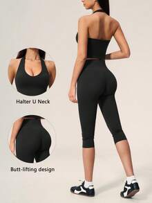 TimeOff Women's One Set Solid Color Halter V-Neck Cropped Tank Top & High Waist Mid-Length Shorts Sports Set - Black - View 11