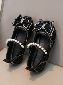 Girls' Pearl Design Princess Shoes, Bowknot Rhinestone Shoes, Versatile For Spring/Summer Outings And Daily Wear - Black - View 6