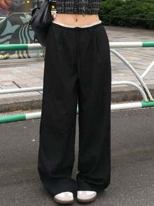 Solid Color Fishbone Pressed Line Vacation Design Waistband Lightweight Loose Straight Leg Long Pants Casual Sports Pants Black - Black - View 2