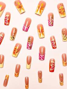 24片/組 Y2K甜酷風夏季甜美 3D花朵法式橘色漸層水波紋 精緻海星貝殼海馬裝飾 中長款穿戴甲，適合女孩與女性日常配戴，夏季海灘必備假指甲 - 彩色 - 查看 2