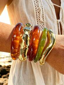 5/1pc Vintage Old Money Style Casual Resin CCB Geometric Wave Open Bangle Bracelet Jewelry Set, Suitable For Women And Moms For Daily Wear, Party, Vacation, Holiday Gift - Multicolor - View 7