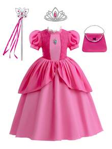 4pcs/Set Girls Rose Red Bubble Short Sleeve Dress Crown Handbag Set Children Princess Role Play Party Performance Christmas Carnival Costume - Hot Pink - View 16