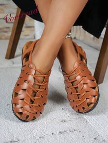Vortread New Women's Hollow Closed Toe Flat Sandals With Elastic Back Strap, Anti-Slip Design, Casual Vacation Commute Versatile Summer Shoes - Brown - View 6