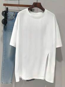 White All-Match Round Neck Solid Color Side Slit Short Sleeve T-Shirt Women's Summer Loose Mid-Length Flattering Top Minimalist Casual Commute Versatile All-Match Style - White - View 2