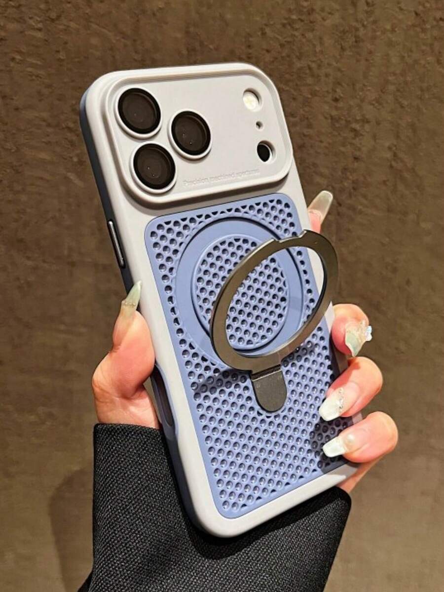 1pc Color Match Cooling Breathable Heat Dissipation Invisible Ring Holder Magnetic Phone Case Compatible With IPhone 17 Pro Max 16 15 14 13 12 Pro Max Plus Wireless Charge Soft Silicone Cover - Blue-gray - View 1