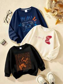 3pcs Boys Game Controller & Slogan Print Crew Neck Sweatshirts, Autumn/Winter Fashion Comfortable New Tops - Multicolor - View 2
