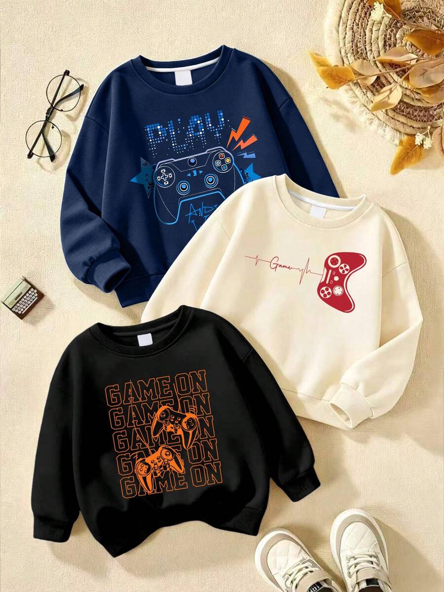 3pcs Boys Game Controller & Slogan Print Crew Neck Sweatshirts, Autumn/Winter Fashion Comfortable New Tops - Multicolor - View 1