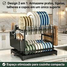 Sing-e Escorredor de louça de aço carbono de dupla camada com grande capacidade e estrutura de suporte reforçada, com suporte para talheres. Ideal para acomodar tigelas, pratos, xícaras e tábuas de corte, perfeito para uso doméstico e em casas de campo - B - Visão 8