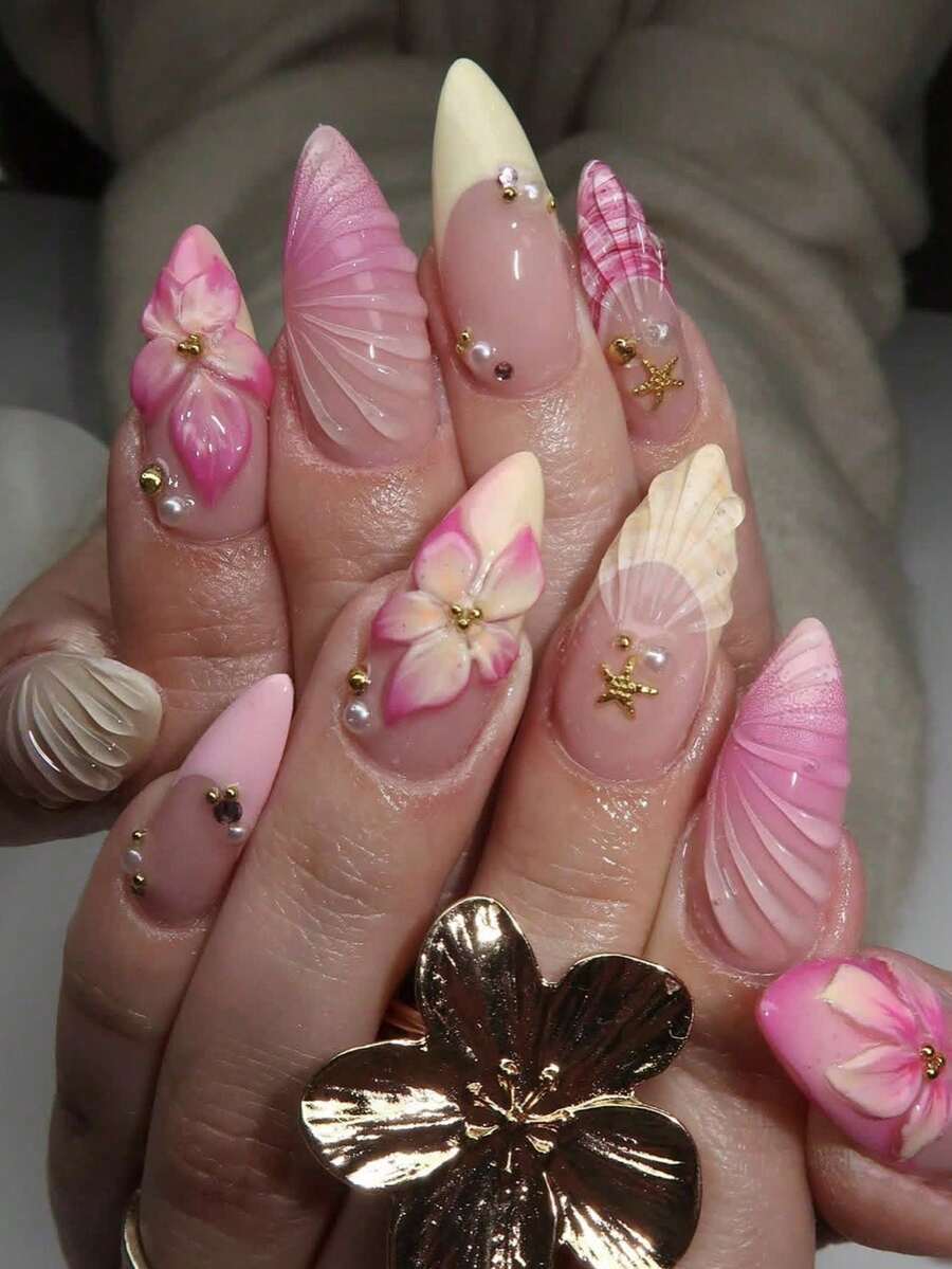 10片手工粉色3D花朵夏日海灘水滴貝殼黃色杏仁形中長假指甲,適合女孩與女性的手工穿戴甲 - 粉色 - 查看 1
