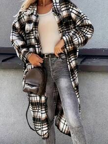 Women Plaid Shacket With Long Sleeves And Collar, Casual Midi Length Drop Shoulder Woven Fabric Coat For Layering In Fall - Black - View 5