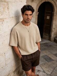 Men's Casual Loose Fit Round Neck Short Sleeve T-Shirt, Apricot Color - Apricot - View 3