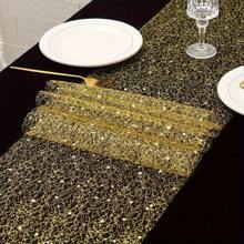 1pc Mesh Hollow Star Table Runner 28*275/500/1000cm With Sequin Foil Metallic Mesh Decor, Suitable For Dining Table Cloth, Adds Radiance, Thin Design, Suitable For Weddings, Birthday Parties, Christmas And Other Occasions - Golden Star - View 2