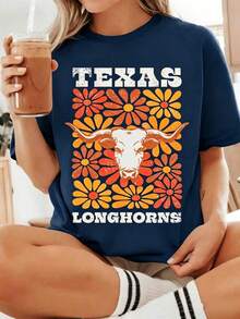 Texas Longhorns College Floral T-Shirt,UT Longhorn  Tee,College Game Day Shirt,Austin Texas College Chirt,Hook Em Horns Gift Comfortable,Loose-Fitting - 藏蓝色 - 查看 13