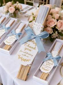 3pcs Blue Wedding Paper Fan Gift Set, Includes White Folding Fan, Blue Bow And Thank You Card, Suitable For Wedding Favors And Party - Multicolor - View 7