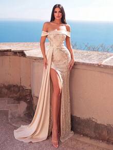 Faeriesty Haute Glamour Elegant Beaded Off-Shoulder Evening Gown With Side Draping And Mermaid Hem Party Wedding Fall - Champagne - View 2