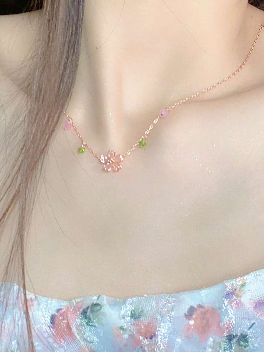 1件時尚浪漫櫻花花朵吊墜項鍊 女款情人節禮物珠寶 - 玫瑰金 - 查看 1