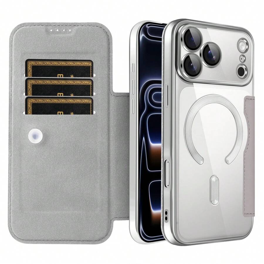 1件式翻蓋全包覆手機殼，適用於 Apple 17 Pro Max A56，磁吸透明保護殼，附卡槽，防摔皮革外殼