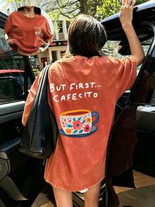 First-Time Offer... Coffee Pleasure Women's Plus Size Crew Neck Loose T-Shirt, Perfect For Vacations, Travel, And Beaches - Orange Red - View 4
