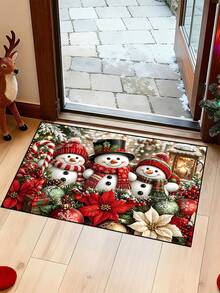 1/16pcs 15.75x23.62in/19.69x31.5in Christmas Snowman Pattern, Decorated With Poinsettia, Christmas Balls And Red Holly Berries, Suitable For Entryway, Kitchen, Balcony, Bedroom And Other Areas, Adding Festive Winter Atmosphere To Home Decor - Multicolor - View 4