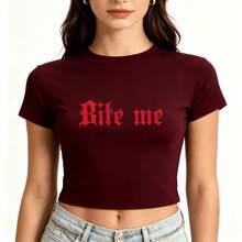 Letter-Printed Short Round-Neck Sexy Top Casual Sports Short-Sleeve Cropped Top - 酒紅色 - 查看 2