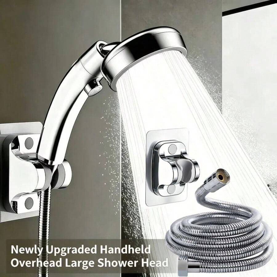 Silver Handheld Shower Head Set With On/Off Button, Flexible Hose And Adhesive Wall Mount, Bathroom Accessory - Shower Head - View 1