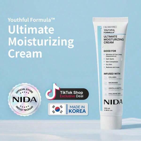 NIDA Youthful Formula™ Ultimate Moisturizing Cream | Centella Asiatica, Niacinamide, Asam Hialuronat, Kolagen | Kerutan, Garis Halus, Bintik Hitam, Kulit Kering, Kemerahan | 100 ml Asam Hialuronat Murni Pelembap Wajah Korea dengan Ceramide, Panthenol, Squalane, dan Vitamin B5