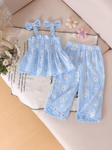 Conjunto de 2 piezas de top de tirantes y pantalones con estampado lindo y fresco para niña bebé, primavera/verano - Celeste - Ver 1