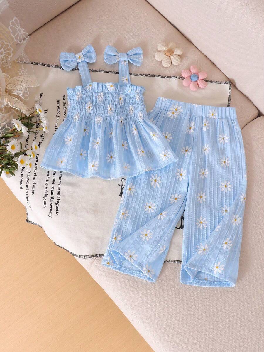 Conjunto de 2 piezas de top de tirantes y pantalones con estampado lindo y fresco para niña bebé, primavera/verano - Celeste - Ver 1