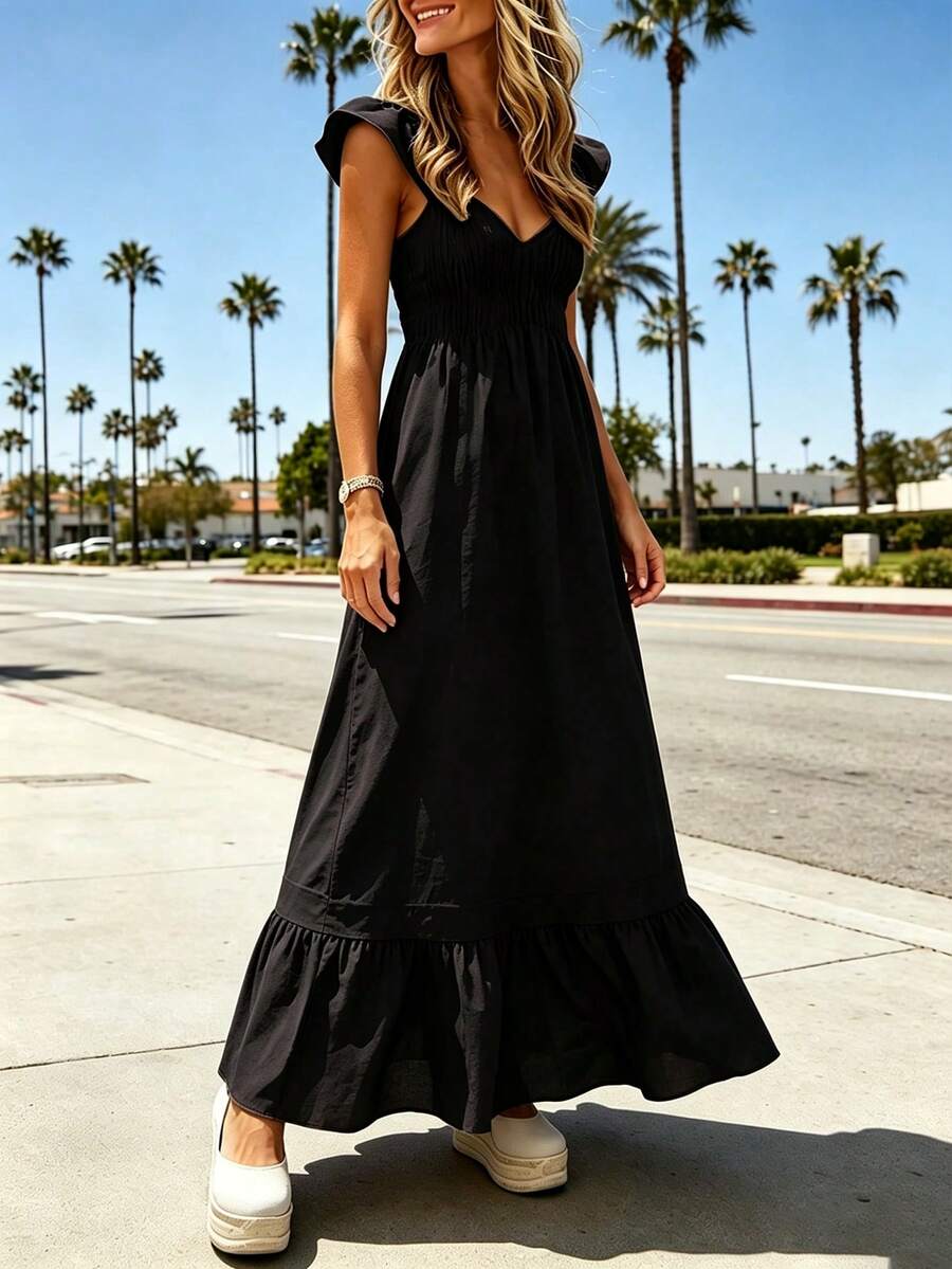 Bohemian Women's Spring/Summer Dress, Red Fashion Party/Commute/Vacation Dress, Vintage Solid Color Casual Comfortable Elegant Shirred Waist Cinched Flutter Sleeve A-Line Maxi Dress For Women