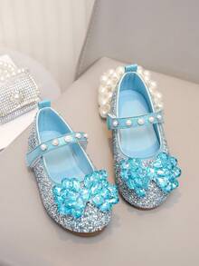 Girls' Rhinestone Princess Leather Shoes, Bow Lightweight Slip-On Shoes, Versatile For Spring/Autumn Daily Wear And Parties - Blue - View 6