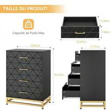 Cómoda de 4 Cajones para Dormitorio – Diseño Moderno con Tiradores Dorados y Patas Metálicas, Cajones Profundos, Organizador de Ropa para Clóset, Recámara o Entrada​ - Negro - Ver 2