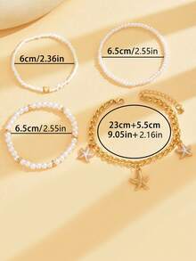4pcs/Set Starfish Pendant Seed Bead Anklet Simple Faux Pearl Beaded Multi-Layer Foot Jewelry - White - View 4