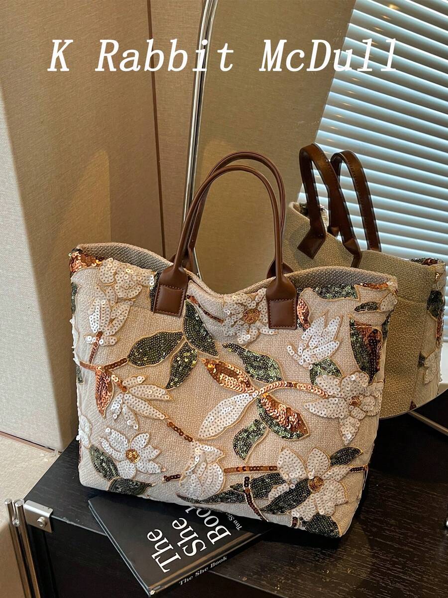 新款大容量 PVC 亮片花卉刺繡托特包 休閒度假風手提包 沙灘包 適合海邊度假 女款時尚手提包
