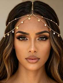 1 pieza Accesorio para el cabello de cadena de cabeza con colgante de borla en forma de corazón, estilo bohemio de vacaciones, cadena de strass multicapa - Dorado - Ver 1