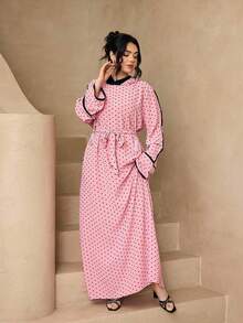 時尚百搭波點連帽長款罩衫 2 件組 女款優雅柔軟 Abaya 外罩長袍 + 腰帶套裝 防曬穆斯林服飾披肩 - 粉色 - 查看 3