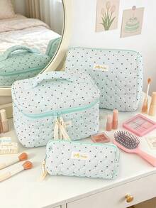 Cute Heart Quilted Makeup Bag Light Blue Polka Dot Cotton Cosmetic Organizer Case Portable Large Capacity Travel Toiletry Bag With Inner Mesh Pocket - Baby Blue - View 2
