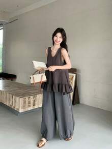 Korean Style Loose Fit Slimming Linen Lantern Casual Long Pants, Suitable For Spring And Autumn - Grey - View 7