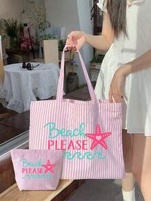Women's Summer Beach Travel Tote Bag Set - Vintage Striped Tote Bag With Matching Mini Bag - Large Canvas Pink And White Striped Shoulder Bag With Starfish And Letter Print, Foldable Canvas Shoulder Bag, Summer Essential Waterproof And Sand-Resistant Travel Bag, Perfect For Beach Trips, Pool Days, Shopping And Daily Use, Suitable For Women, Travelers And Beach Lovers, Ideal For Spring Break And Gifts, Teacher's Day, Birthday Gifts - Multicolor - View 2