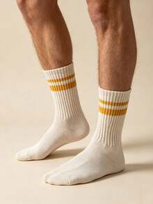 1/5 Pairs Men's Striped Mid-Calf Socks, Comfortable Breathable Moisture-Wicking Sports Socks, Couple Socks, Unisex, Suitable For Daily Wear, Sports, Back To School Season, Random Color - Multicolor - View 6