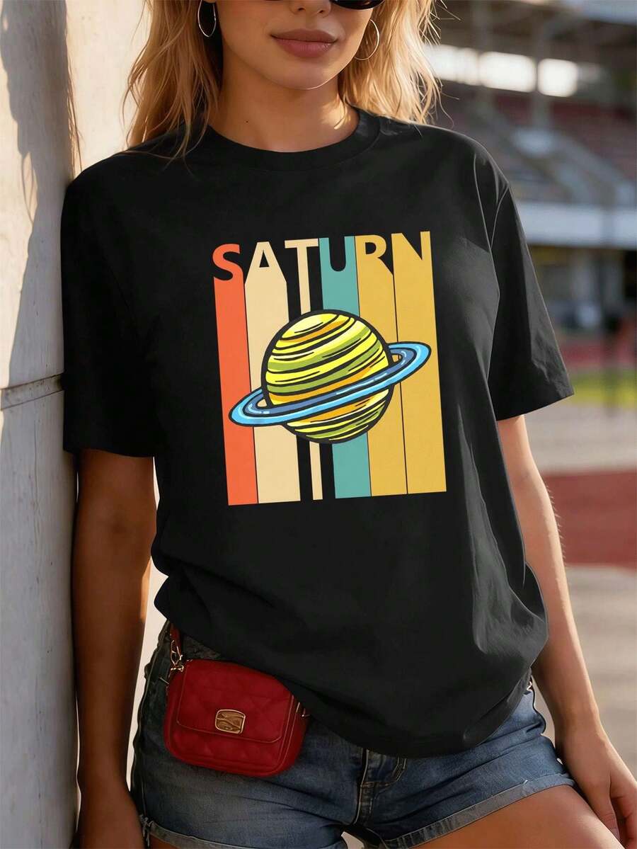 Vintage Saturn Graphic Women's T-Shirt, Fall, Crew Neck, Relaxed Fit, Casual, Comfortable Fit, Unique Graphic Print - Black - View 1