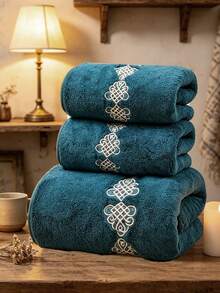 Coral Fleece Embroidered Solid Color Bath Towel Or Towel, Suitable For Bathroom Towel, Bathroom Towel, Hotel, Gym, School, Back To School, Travel, Travel Accessories, Home Essentials, Towel, Skin Care - Blue - View 2