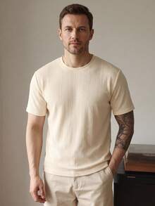 Men's Textured Plaid Round Neck Short Sleeve T-Shirt, Breathable Vintage Casual Top For Summer - Apricot - View 2